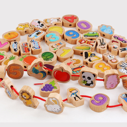 Baby beaded children's early education educational beaded threading beads large particle solid wood building blocks toddlers 1-3 years old toys