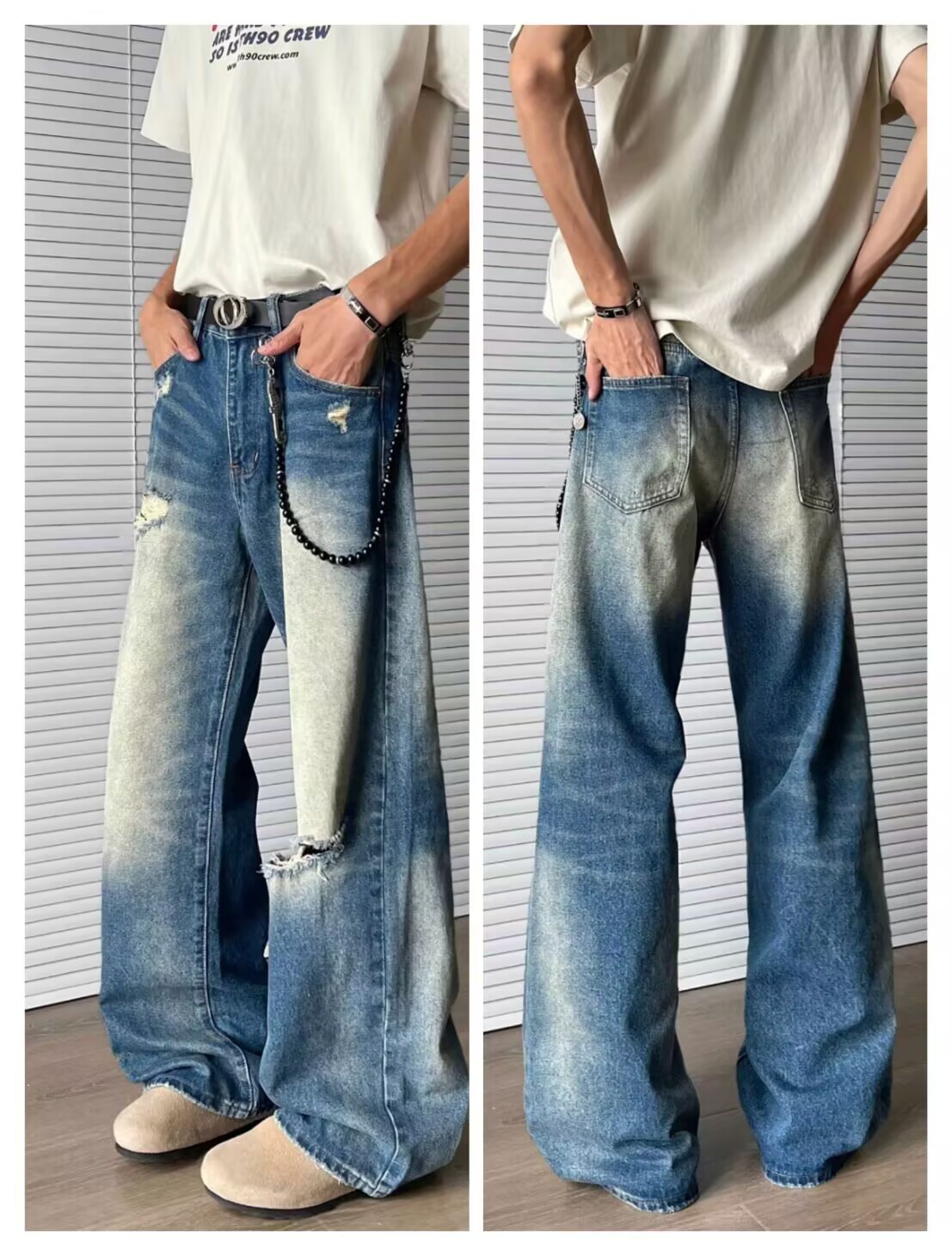 Unisex Distressed Denim Jeans | Relaxed Straight Leg Fit For Men And Women | Comfortable Stretch, Vintage Washed, Everyday Casual Style_viptrois.com