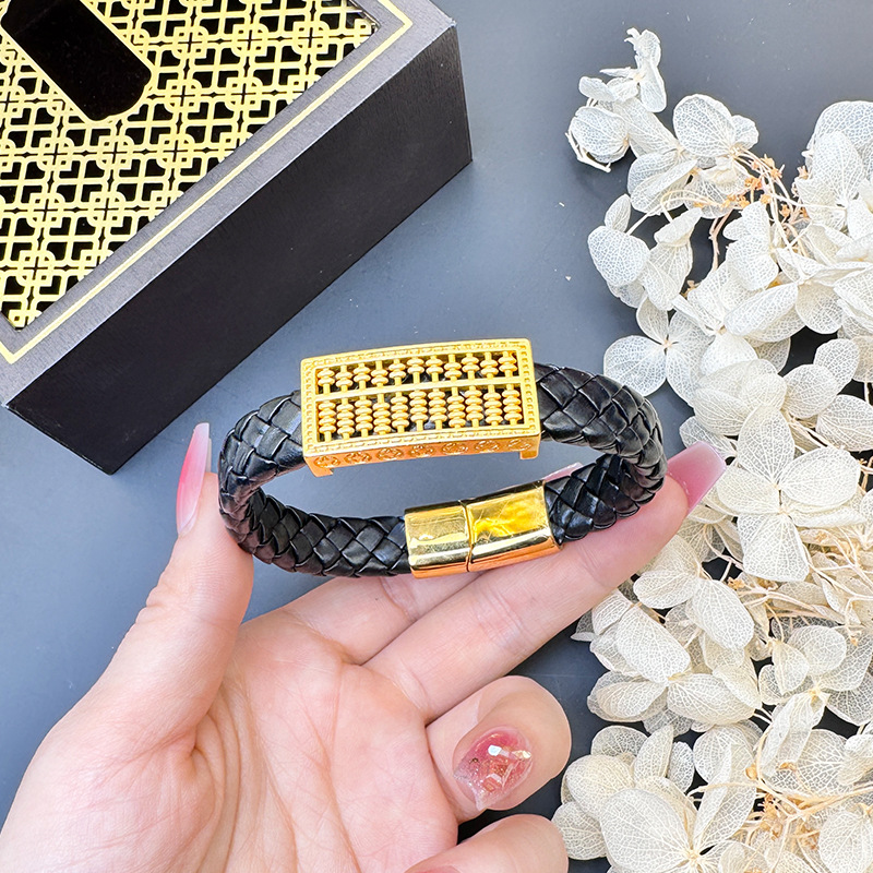 Antigua arena oro personalizada cuero cuerda pulsera goteo aceite Abacus Wanfu hombres dominante pulsera fábrica al por mayor suministro