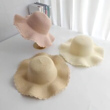 草帽女夏天大帽檐休闲百搭时尚海边沙滩防晒遮阳帽波浪边草编帽胚