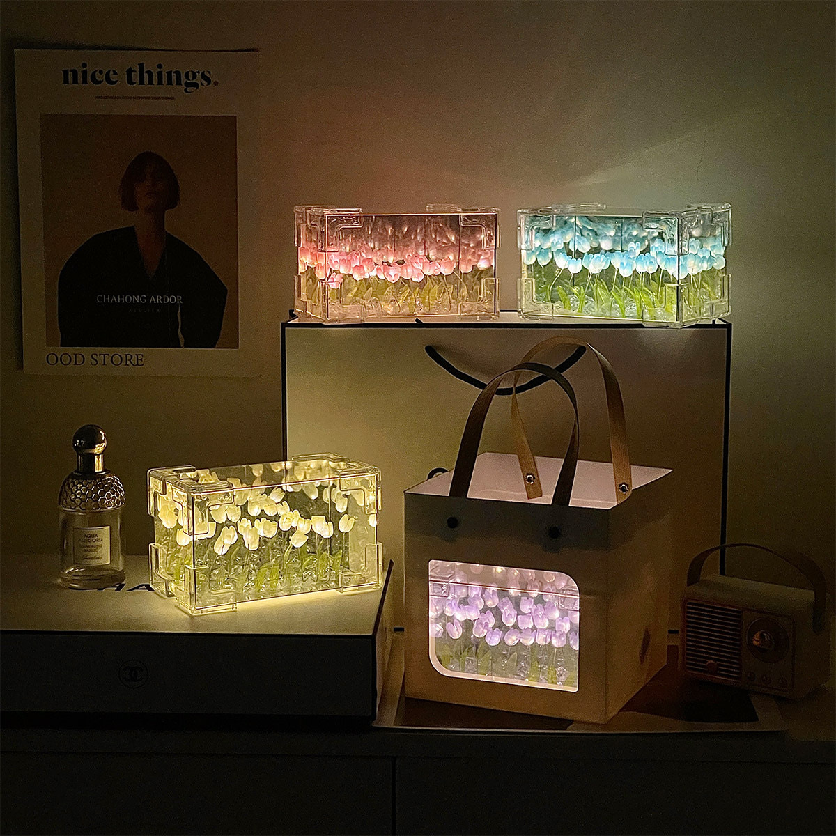 Cubo rectangular de tulipas tridimensionales lámpara nocturna DIY material paquete de chicas regalos amantes amigos creativos
