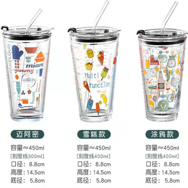 Caja completa al por mayor Doodle taza con escala de dibujos animados vidrio paja taza niños a prueba de fugas taza de regalo promocional taza