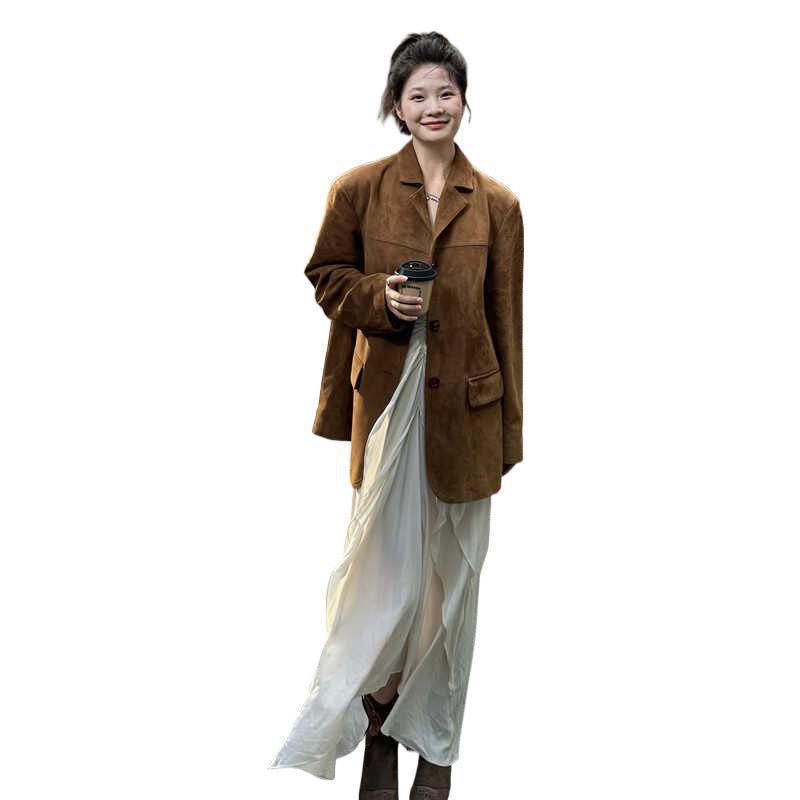 麂皮西装外套女2025早春秋季新款皮衣美拉德棕色感小个子咖色百搭|undefined