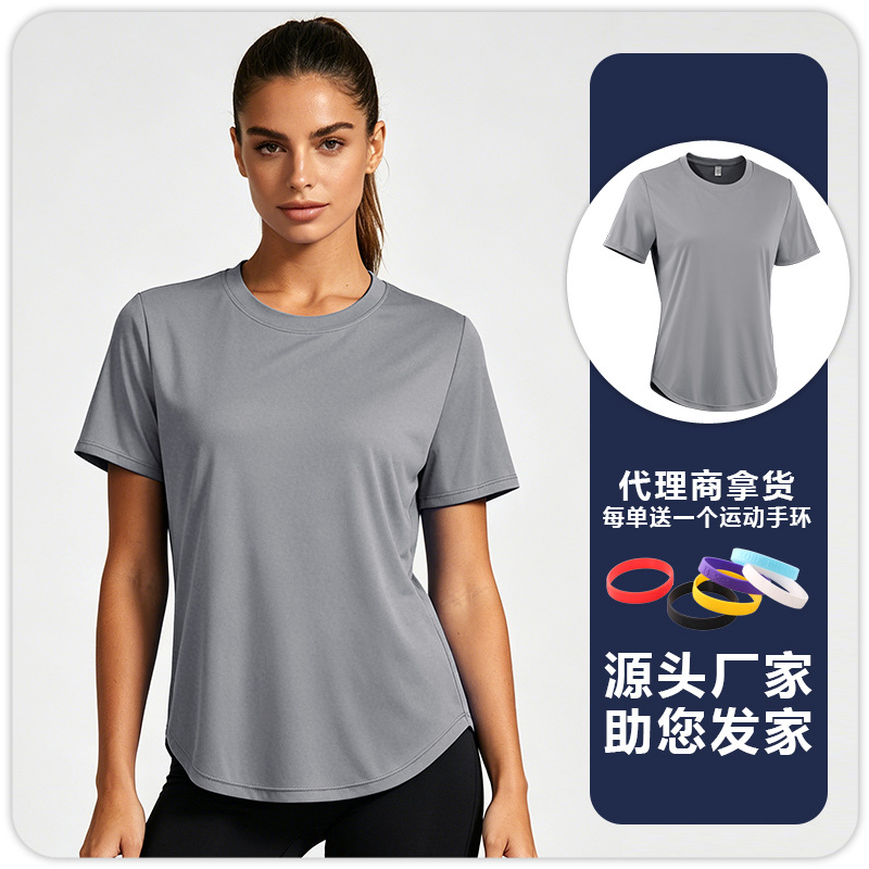 F8235 mujer color sólido protector solar transpiración sudor absorbible yoga ropa de fitness correr cuello redondo camiseta de manga corta camiseta deportiva image 8