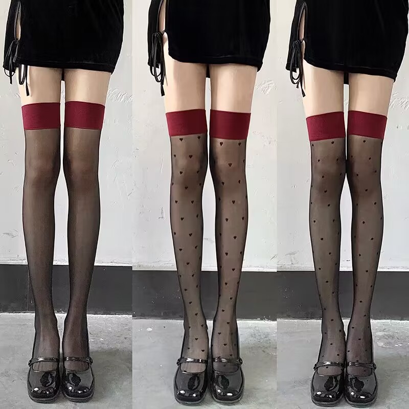 Fun Silk Stockings Red Edge Stitching Stockings Love Dot Small Embellishment High Stockings Fashionable Thigh Stockings