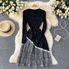 Long sleeved knitted dress color matching retro thousand bird grid medium length skirt