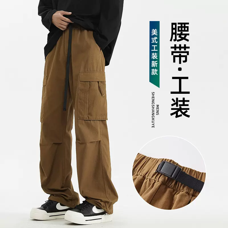 工装裤男士春秋季新款潮牌宽松纯棉直筒裤子男生美式休闲运动长裤