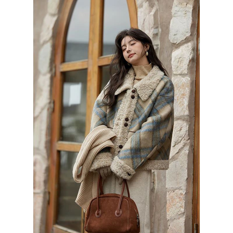 Plaid Retro Cashmere Outwear Plaid Autumn and Winter New Woolen Loose Thickeneded Woolen Outwear for Women