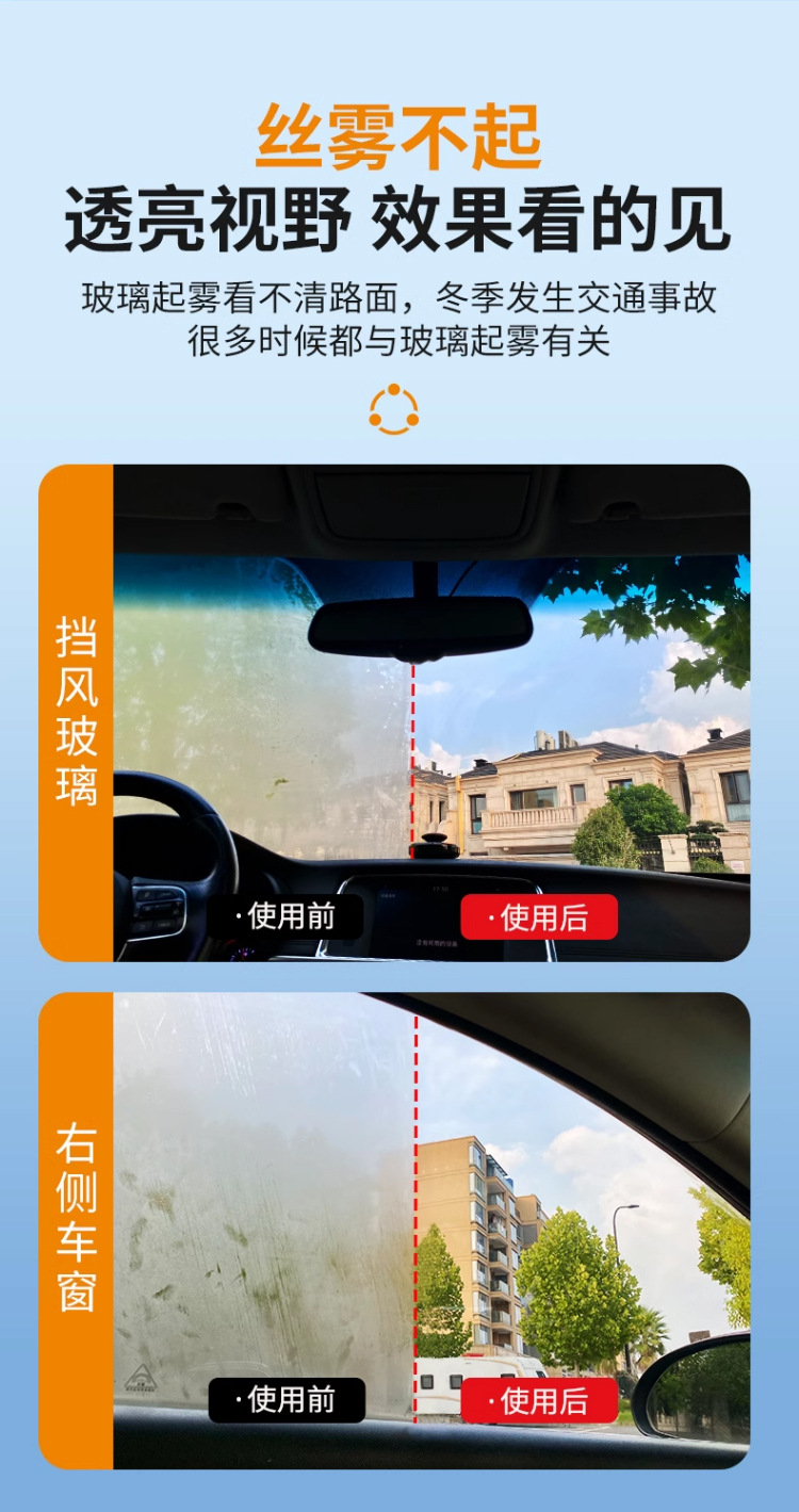 Car glass anti-fog agent, long-lasting spray for windshields and rearview mirrors, interior window defogger and rainproof tool