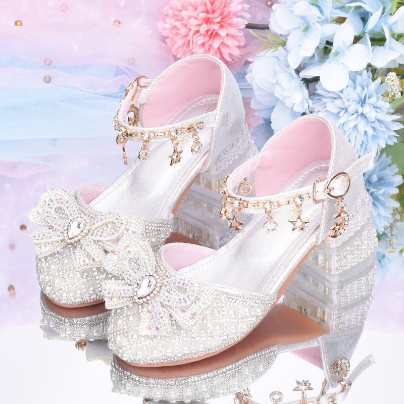 Pearl Rhinestone Princess Crystal Shoes Girls High Heel Children's Sandals 3-12 Years Old Girls Shoes Piano Host Performance Shoes