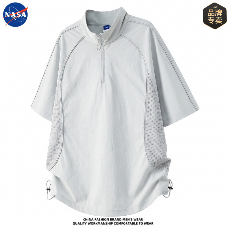 NASA brand high-quality summer cooling quick-dry short-sleeve men's half-zip stand-up collar hollow breathable sports top NASA brand high-quality summer cooling quick-dry short-sleeve men's half-zip stand-up collar hollow breathable sports top