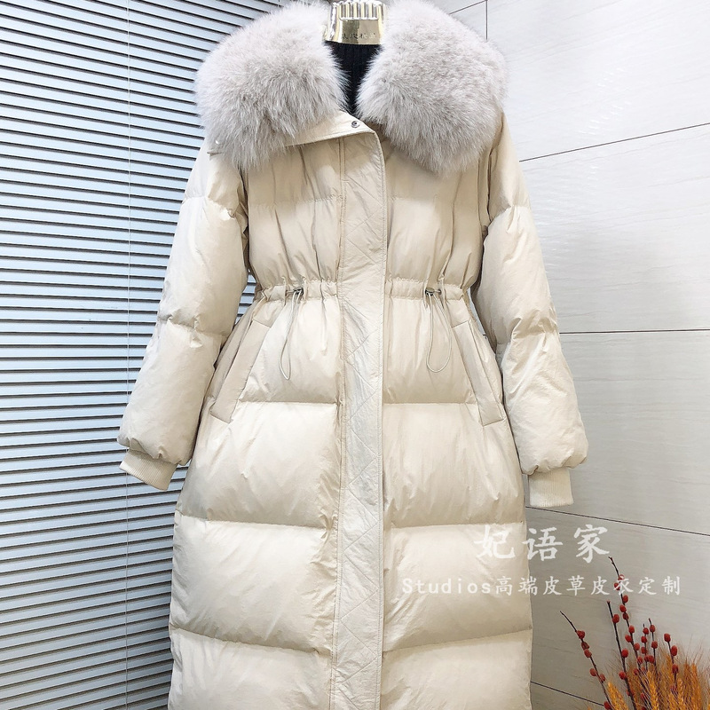 New Thickeneded down Jacket for Women, Knee-Length Long Large Fur Collar Fox Fur Outwear, Drawstring Waist Goose down Outwear