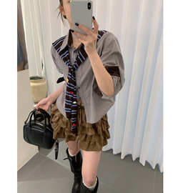 南油新品2026秋季新款欧货女装翻领单排扣披肩两件套格子衬衫