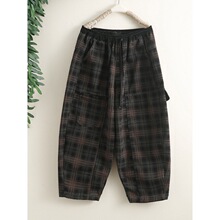 时尚格纹加绒加厚牛仔裤女士冬季大码宽松洋气保暖垮裤阔腿哈伦裤