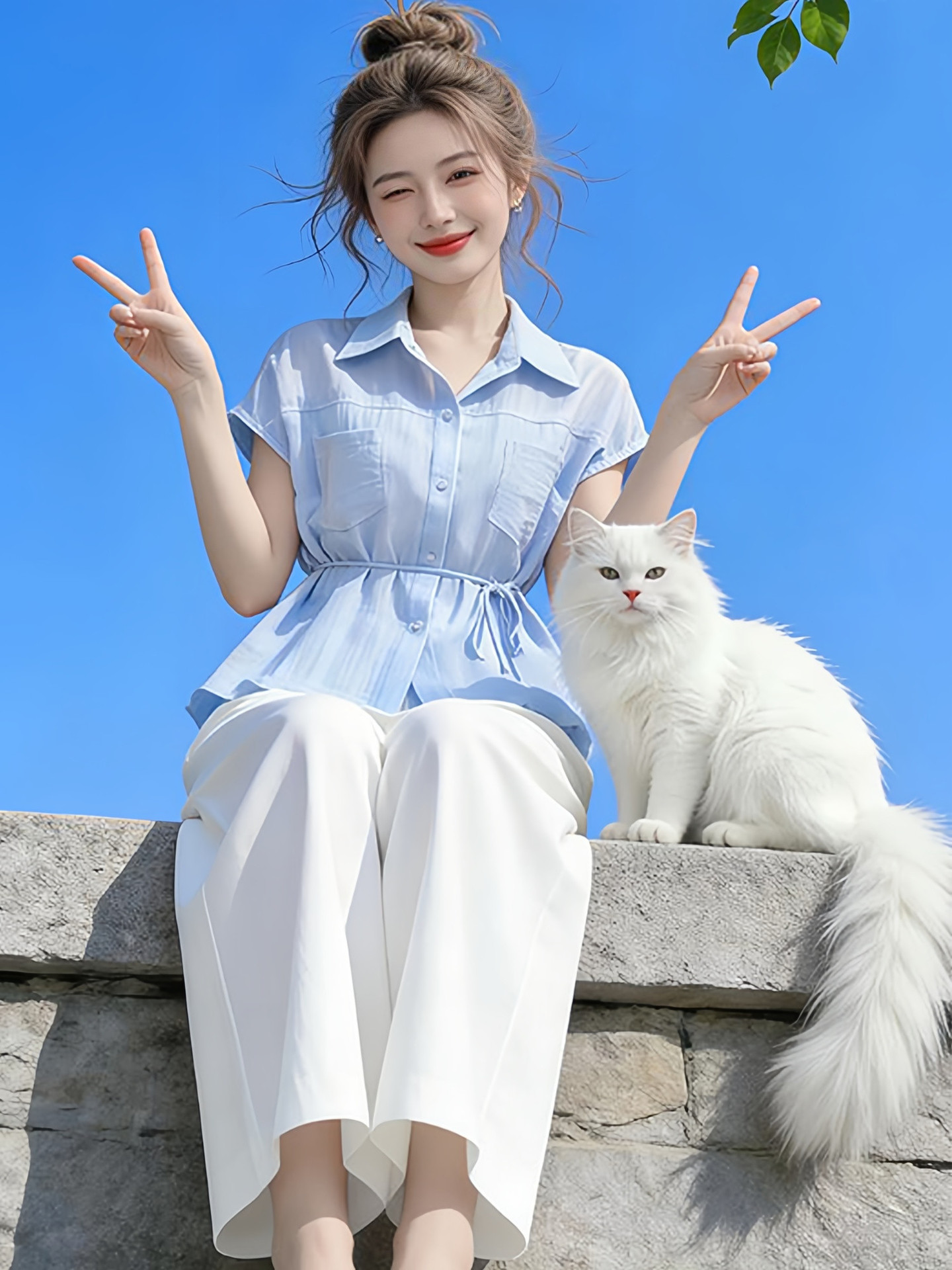 Bộ áo sơ mi ngắn tay phối quần ống rộng cạp cao nữ — Quần trắng