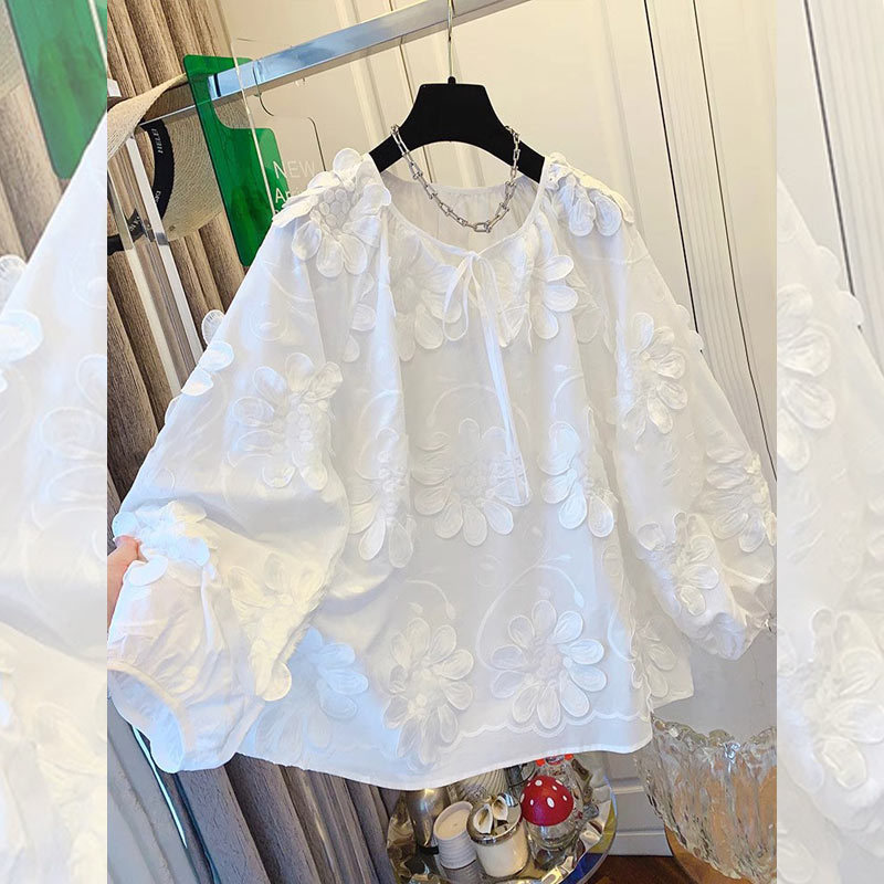 French High-end Sense Three-dimensional Flower Long-sleeved Shirt Top Women's chubby girl Large Version Loose Niche Chic Trendy Shirt