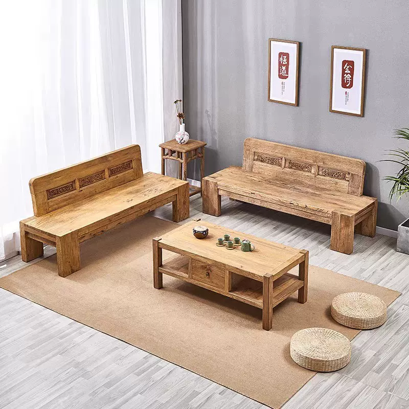 老榆木罗汉床民宿打坐禅意中式实木沙发椅侘寂风风化老门板沙发椅