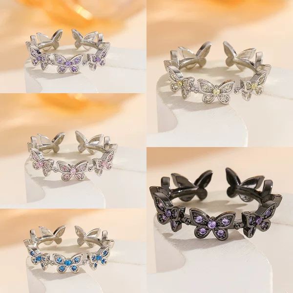 Hot Girl Wears Dark Purple Zircon Butterfly Open Ring Personalized Niche Ring for Women