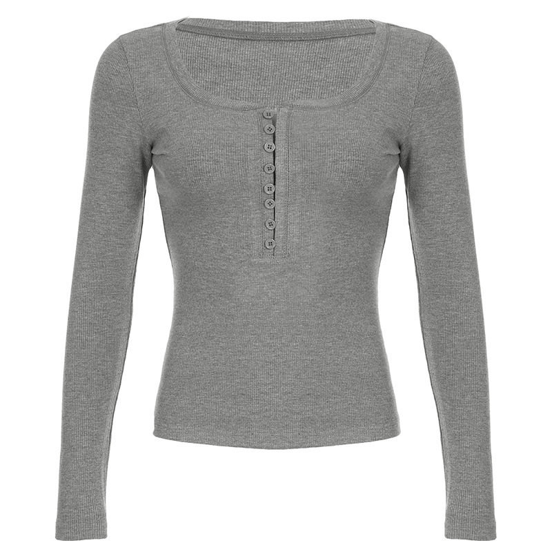 유럽과 미국 소녀의 기본 로우 컷 크루 넥 버튼 슬림 핏 니트 티셔츠 크로스 보더 그레이 긴 소매베이스 셔츠