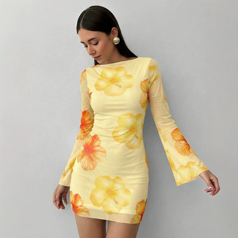 European and American Cross-Border Amazon 2026 New Elegant Long-Sleeved Women's Mesh Printed Round Neck Backless Dress European and American Cross-Border Amazon 2026 New Elegant Long-Sleeved Women's Mesh Printed Round Neck Backless Dress