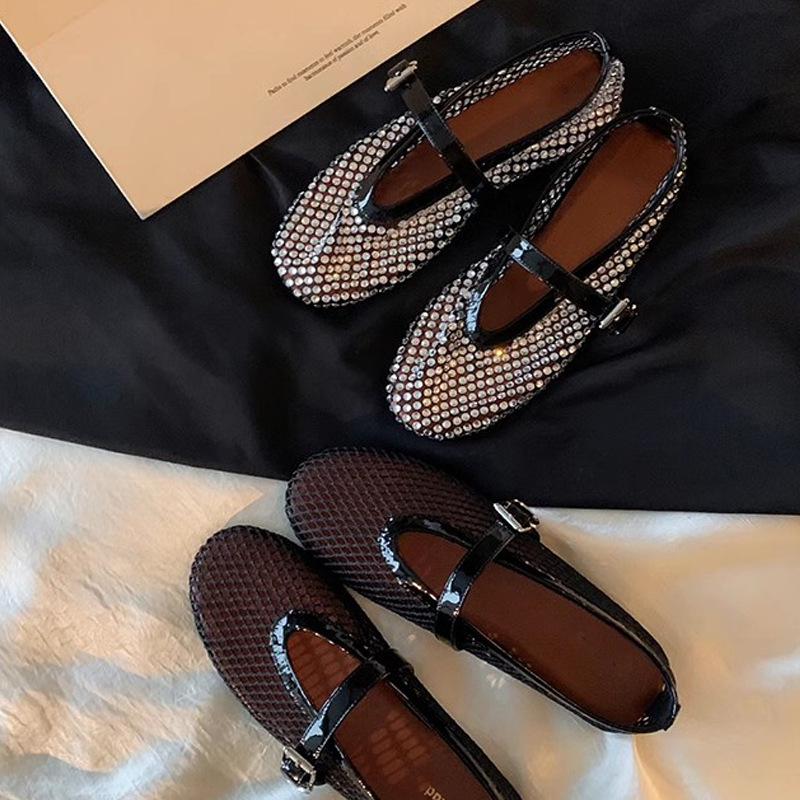 Grape Mom New Sparkling Rhinestone Hebilla de una sola palabra punta redonda boca baja plana Mary Jane sandalias planas mujer
