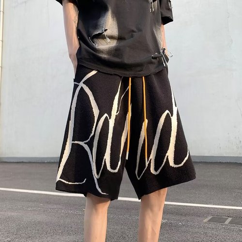 American street fashion brand knit letter jacquard five-pocket pants summer thin loose casual drawstring woolen shorts for men