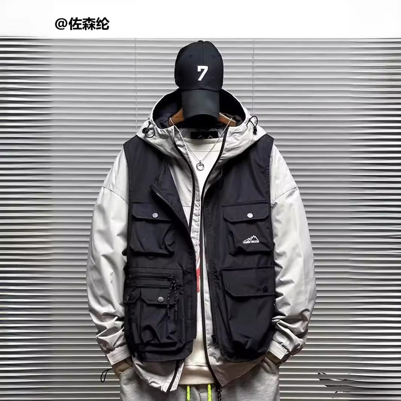 American Style Retro Functional Style Hooded Tactical Vest Jacket Spring and Autumn Street Ripper Handsome Workwear Jacket Top Men's Cross-border
