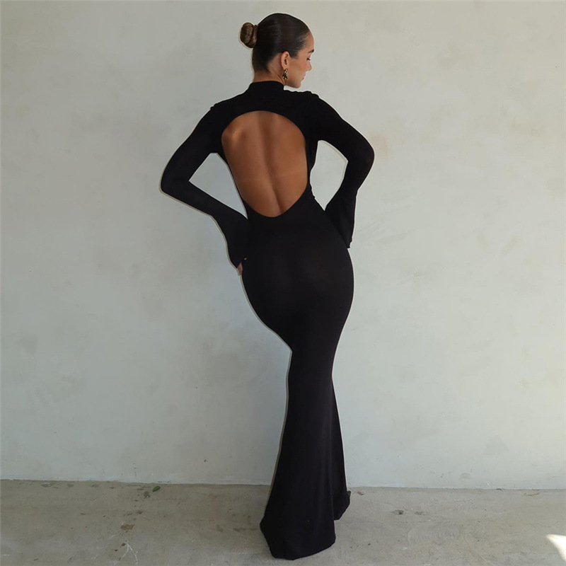 Ins European and American Style 2023 Autumn and Winter New Women's Fashion Round Neck Long-Sleeved Sexy Backless Slim Hip-Hugging Dress Ins European and American Style 2023 Autumn and Winter New Women's Fashion Round Neck Long-Sleeved Sexy Backless Slim Hip-Hugging Dress