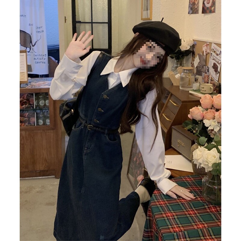 法式复古背心长裙牛仔连衣裙2025衬衫两件套新款女装早秋小个子|undefined