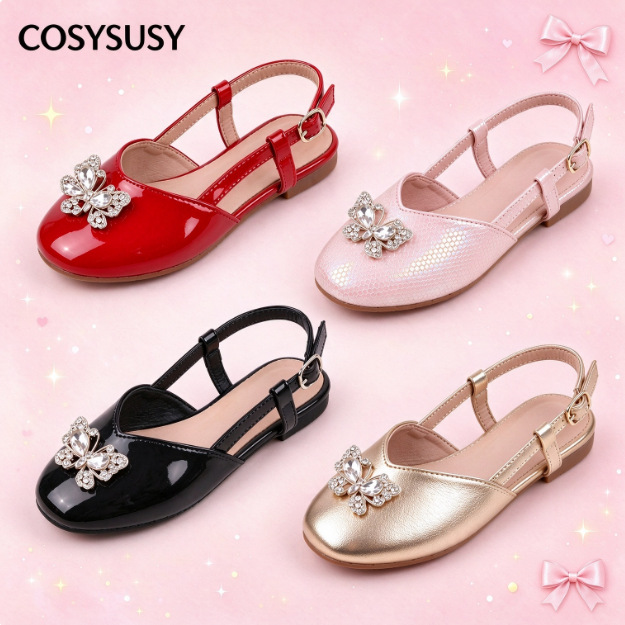 2026 New Model Children's Sandals for Export, Hollow-Toe Sandals for Ages 6-12, Butterfly Rhinestone Princess Sandals