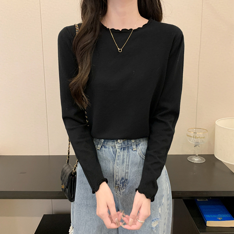 简约圆领木耳边针织毛衣女秋冬季长袖纯色内搭韩版显瘦打底上衣|undefined