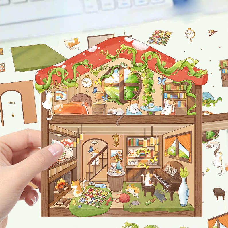漫画造園ステッカー、さまざまなミニチュア世界 3D キャビン、リトルレッドブック減圧 DIY シーンハンドブックステッカー卸売 PET|undefined