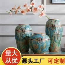 景德镇陶瓷批发 带铜环蓝色泡泡釉陶瓷落地大花瓶 古典中式摆件