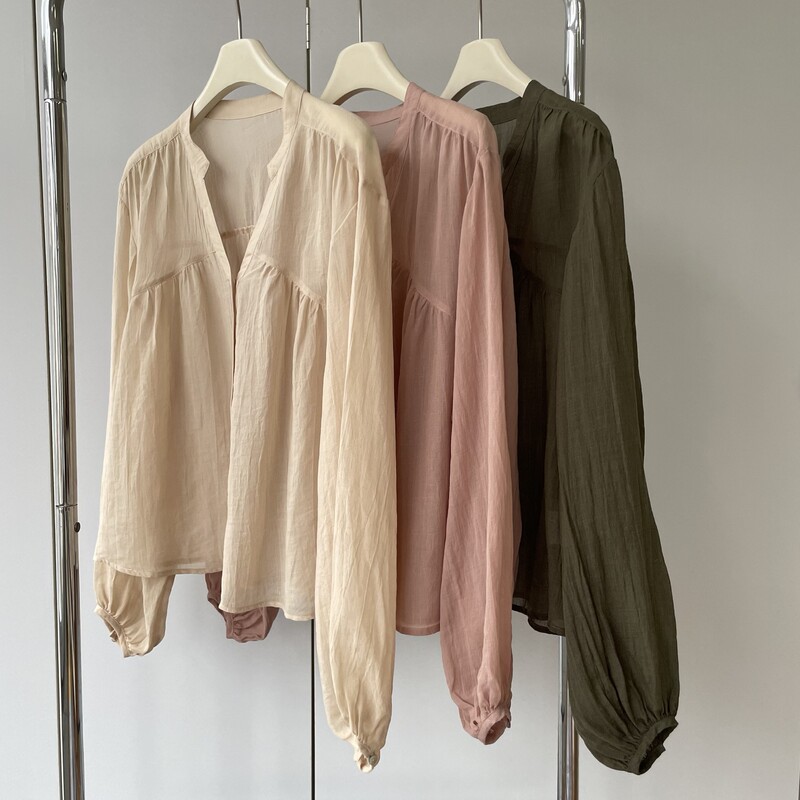 Handmade fine pleated dry powder, fragrant apricot! 42 Ramie Tencel Small V-neck Lightweight Comfortable Loose Shirt for Women