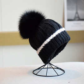 拼色羊毛混色针织帽子狐狸毛球保暖休闲百搭秋冬堆堆帽毛线帽女