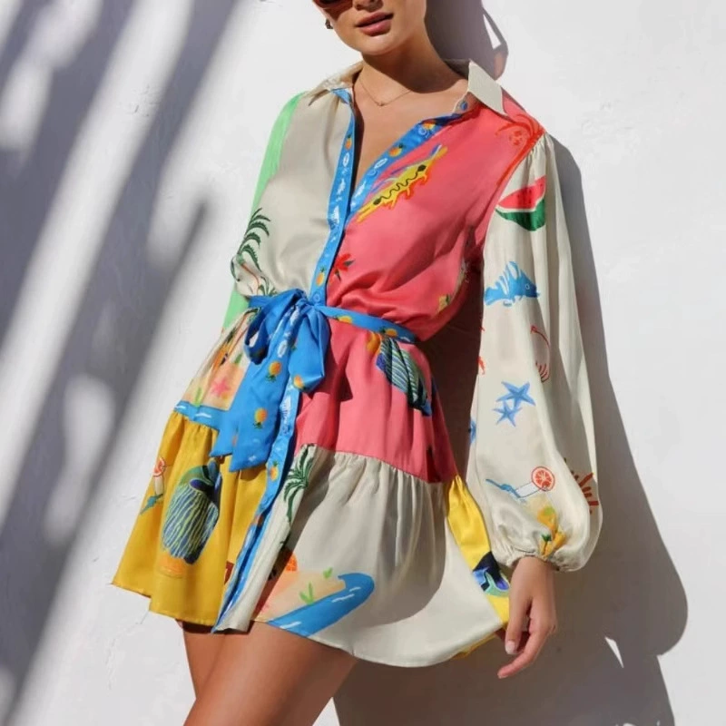 Европейские и американские трансграничные 2024 новые повседневные принты с длинными рукавами платье с граффити кардиган
