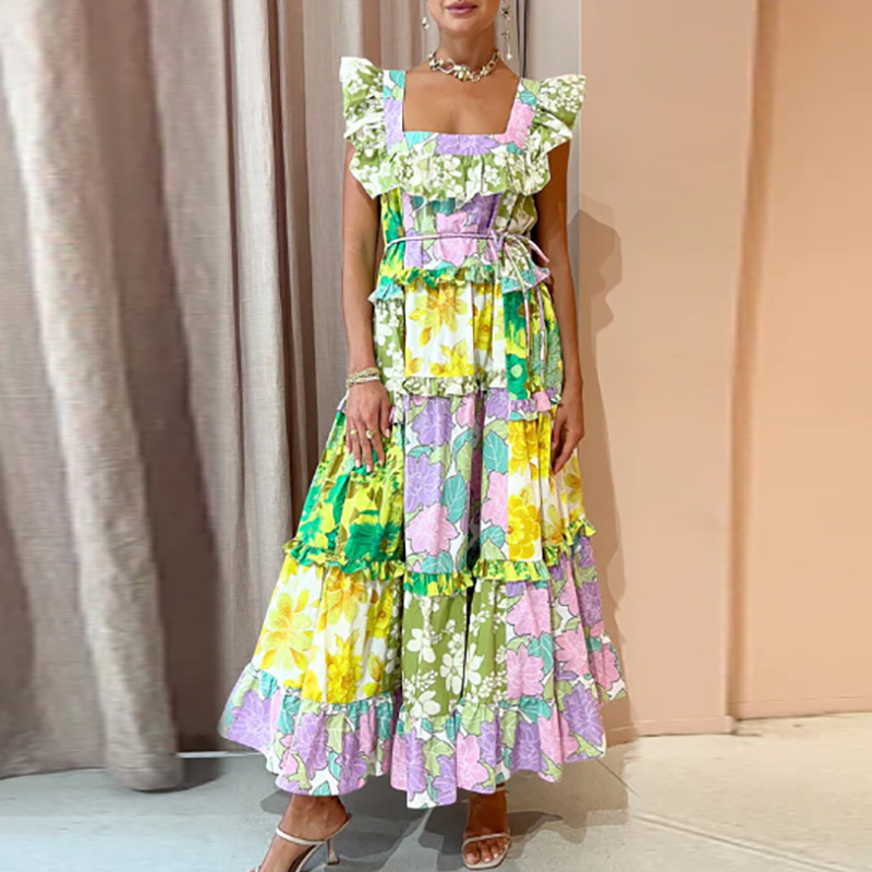 Bohemian Resort Style Dress for Women, 2026 Spring New Style, Lapel, Ruffled Edge, Sleeveless, Printed Long Dress for Women