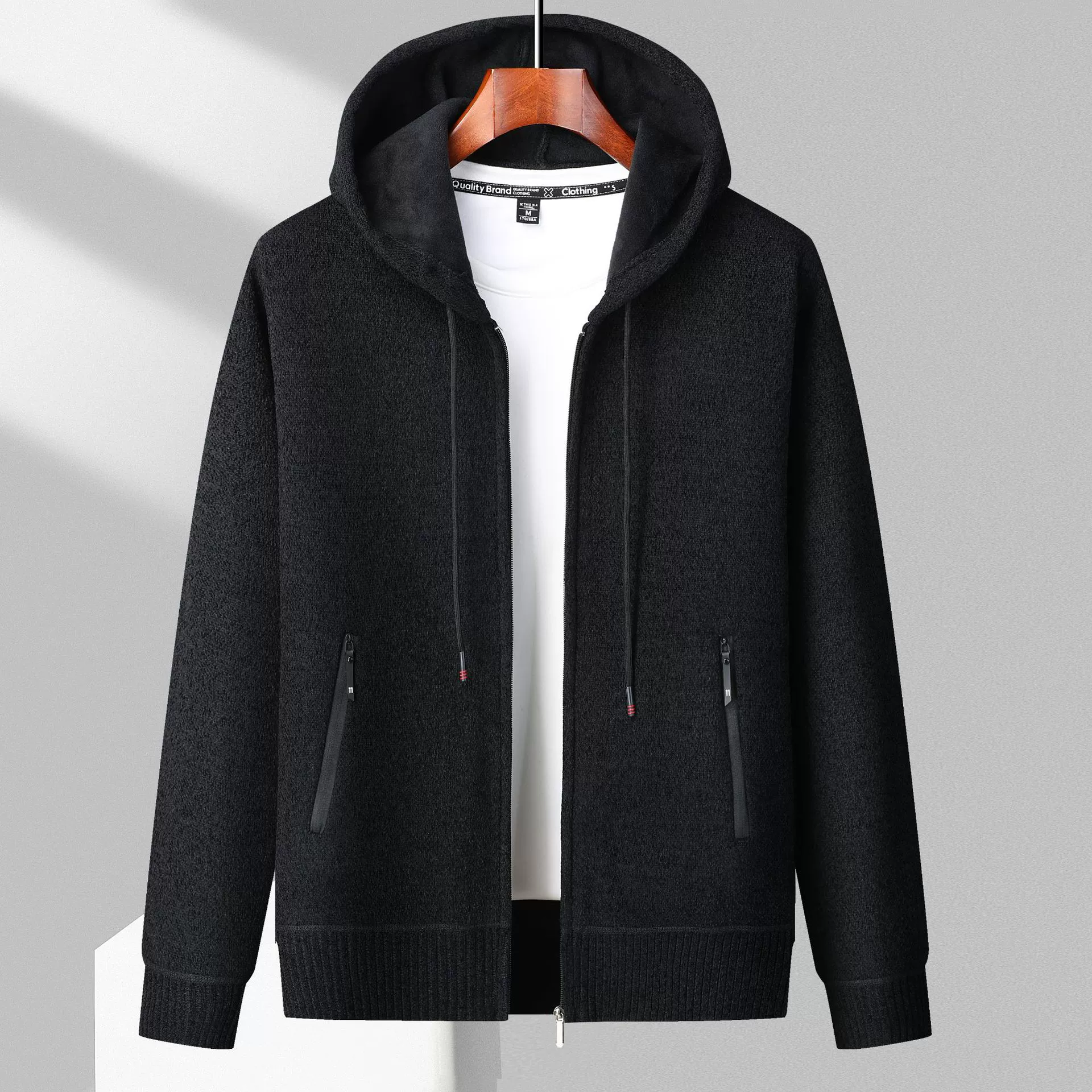 Мужской Повседневный трикотажный кардиган с капюшоном, осенне-зимний утепленный кардиган на флисовой подкладке, Универсальный Мужской свитер больших размеров, куртка из шерсти