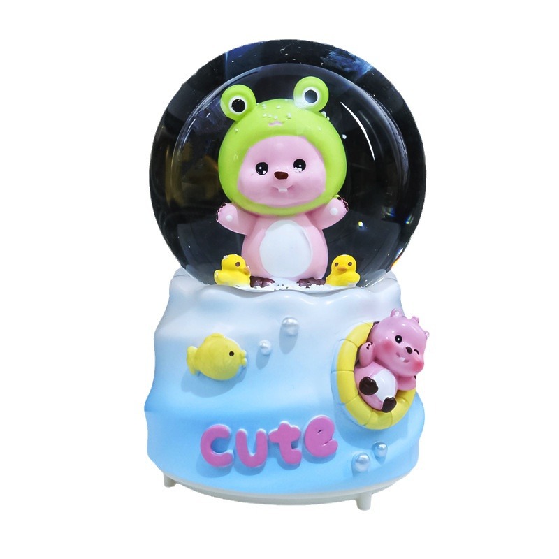 Nueva bola de cristal de mapache rosa pequeña, nieve, caja de música luminosa, luz nocturna, caja de música de regalo, artesanía de una pieza