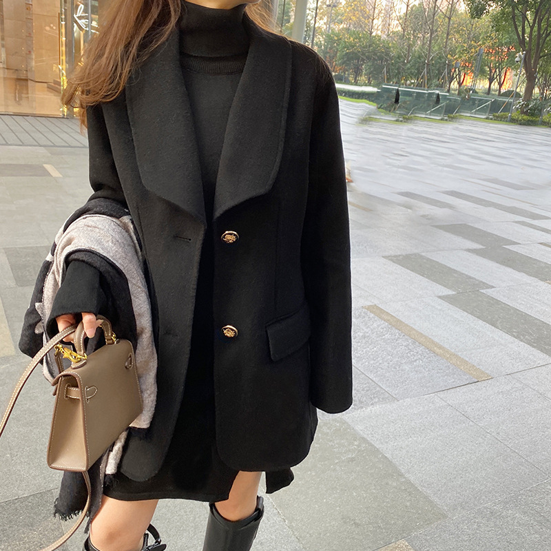 제우디 누아르 더블 브레스티드 스몰 스탠드 칼라 호주산 울 코트 미디엄 롱 양면 두꺼운 코트