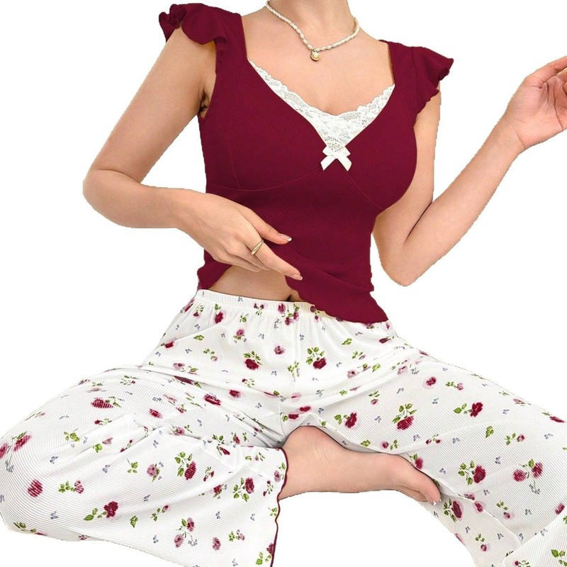 欧米のクロスボーダーの女性のパジャマの花のプリントのズボンのハスの葉の辺のレジャーのピットはパジャマの女性の卸売りを着ることができます。|undefined
