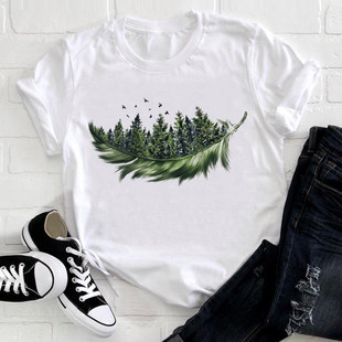 Feather Bird Green Forest Tshirt �Gɫɭ��ӡ��INS�����w��T��