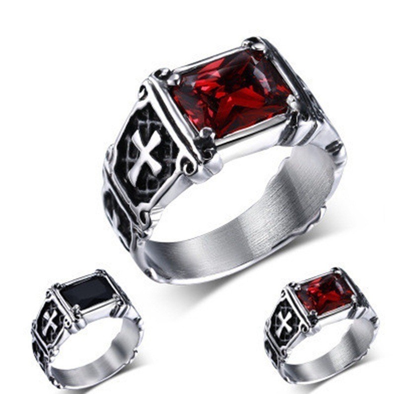 European and American Men's Retro Ring Ins Exaggerated Black Gemstone Cross Index Finger Ring Fashion Accessories Cross-Border Jewelry