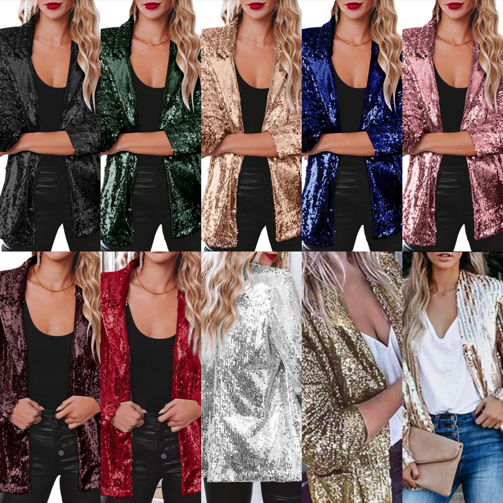 AliExpress eBay europeo y americano casual sequined Top sequined manga larga estilo de cercanías solapa temperamento pequeño traje chaqueta