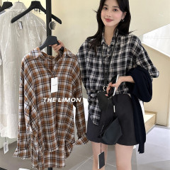 the limon柠檬绿茶2025秋季新款设计感格子衬衫女宽松显瘦上衣女