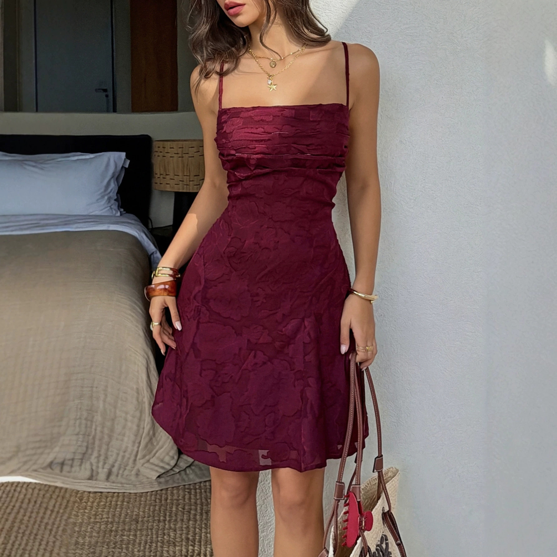 Foreign Trade 2026 Spring/Summer New European and American Women's Fashion Elegant Lace Patchwork Backless Tie Slim-Fit Spaghetti Strap Dress for Women