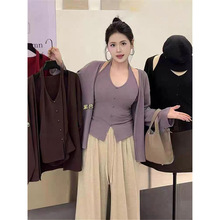 魔西女王秋冬新款胖mm大码女装时尚纯欲风挂脖领背心开衫外套套装