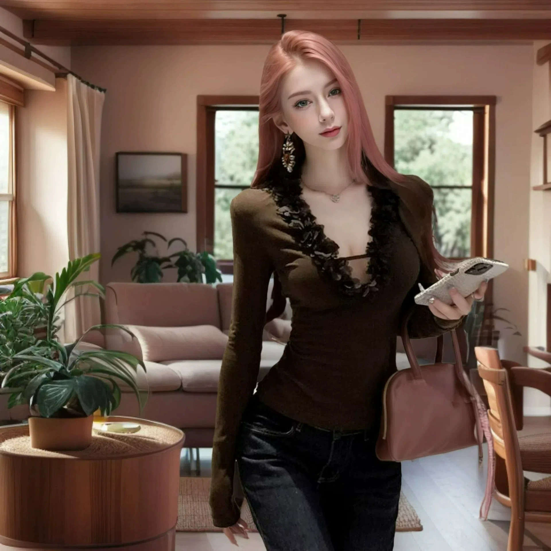 Трансграничный 2025 новый сексуальный ветер с V-образным вырезом цветы с длинными рукавами футболка тонкая тонкая и универсальная нижняя рубашка для внешней торговли