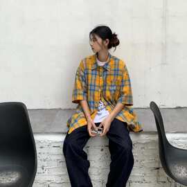 新款黄色格子夏季短袖衬衫男友风宽松情侣休闲外套潮牌