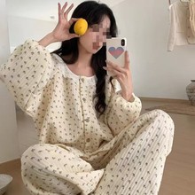 工厂批发睡衣女春秋季韩版清新刺绣小花朵开衫翻领长袖泡泡皱外贸